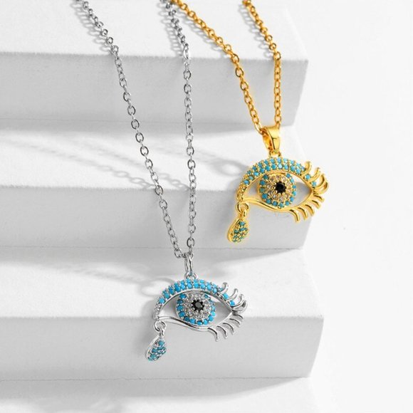 Evil Eye Silver Blue Pave Cubic Zirconia Dainty Necklace - Picture 2 of 4